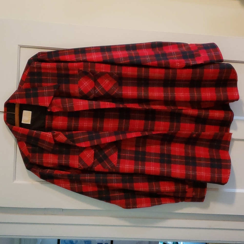 Red and Green Plaid Wool Shirt, Size 17 -17 1/2